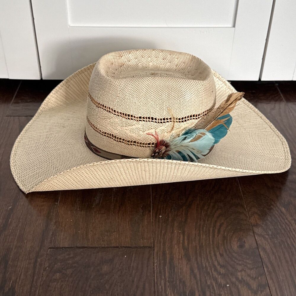 Rafter C Cowboy Hat With Diamond Pattern Band And Blue Feather Detail